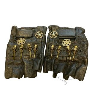 Steampunk Black Leather Fingerless Gloves with Gold Accents